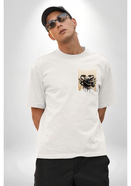 Yapay Zeka Gül Yılan Altın Siyah Gül 3D Minimal Cep Baskılı Pamuklu Penye Kadın Erkek Beyaz Tişört