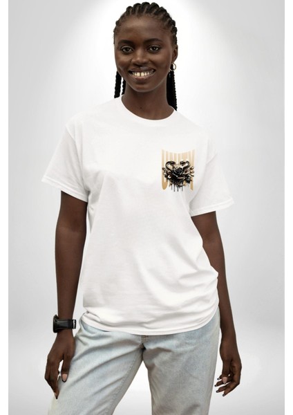 Yapay Zeka Gül Yılan Altın Siyah Gül 3D Minimal Cep Baskılı Pamuklu Penye Kadın Erkek Beyaz Tişört indirimleri