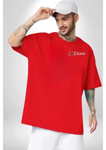 Kırmızı Gül Kaos Minimal Cep Baskılı Pamuklu Penye Kadın Erkek Kırmızı Tişört modelleri