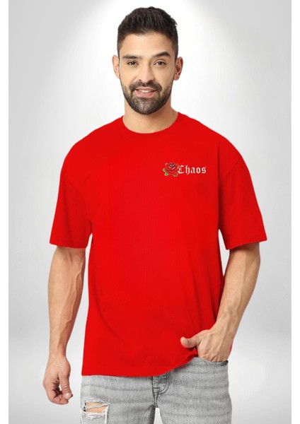 Kırmızı Gül Kaos Minimal Cep Baskılı Pamuklu Penye Kadın Erkek Kırmızı Tişört fırsatları