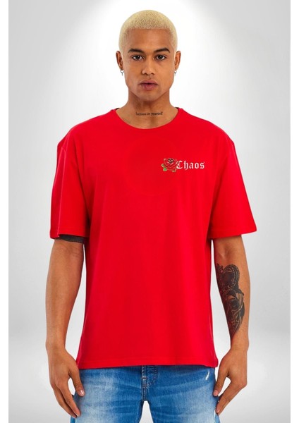 Kırmızı Gül Kaos Minimal Cep Baskılı Pamuklu Penye Kadın Erkek Kırmızı Tişört indirimleri