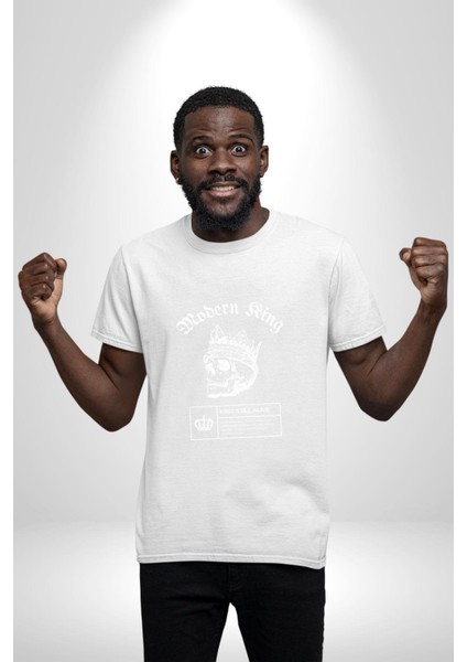 Çağdaş Yüzük Kurukafa Kral Grafik Baskılı Pamuklu Penye Kadın Erkek Beyaz Tişört indirimleri