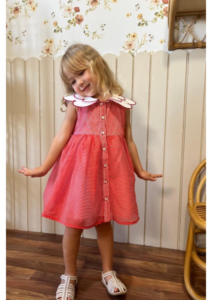 Yaka Detaylı Çizgili Kız Çocuk Elbise Kırmızı indirimleri