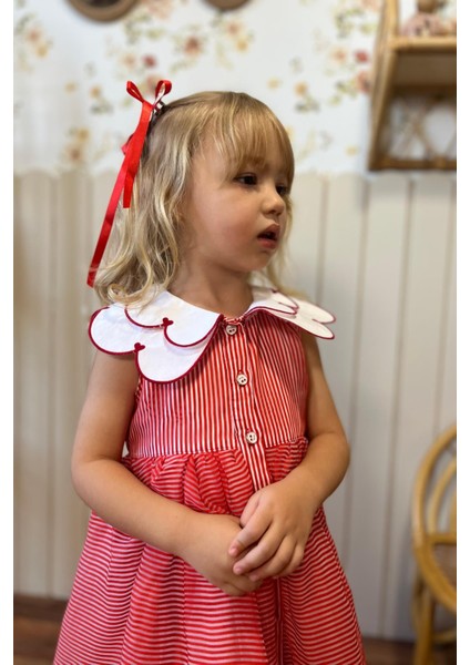 Yaka Detaylı Çizgili Kız Çocuk Elbise Kırmızı