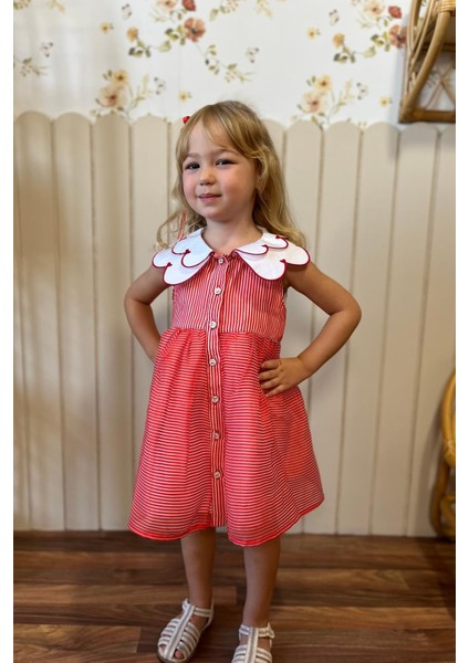 Yaka Detaylı Çizgili Kız Çocuk Elbise Kırmızı