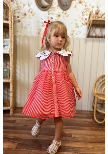 Yaka Detaylı Çizgili Kız Çocuk Elbise Kırmızı