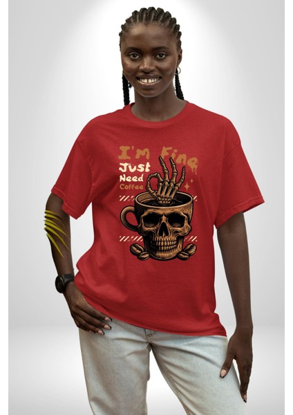 Iskelet Kupa Sadece Iyi Kahveye Ihtiyacım Var Grafik Baskılı Pamuklu Penye Kadın Erkek Kırmızı Tişört fiyatları