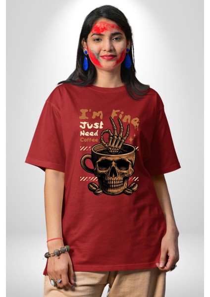 Iskelet Kupa Sadece Iyi Kahveye Ihtiyacım Var Grafik Baskılı Pamuklu Penye Kadın Erkek Kırmızı Tişört modelleri