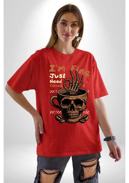Iskelet Kupa Sadece Iyi Kahveye Ihtiyacım Var Grafik Baskılı Pamuklu Penye Kadın Erkek Kırmızı Tişört indirimleri