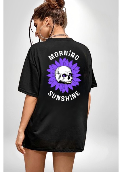 Polen Kafatası Mor Çiçek Sırt Baskılı Pamuklu Penye Kadın Erkek Siyah Tişört