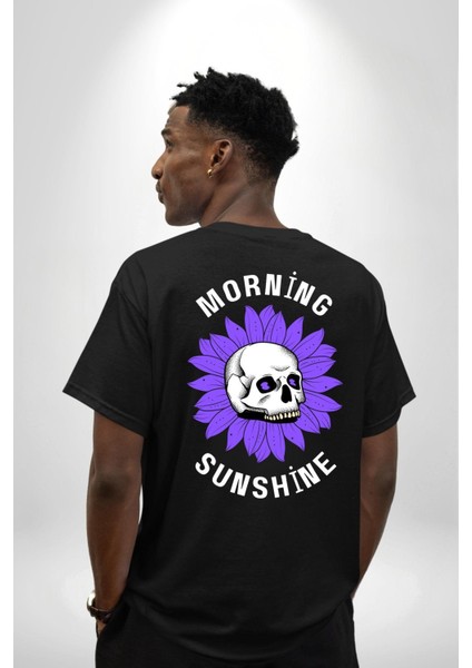 Polen Kafatası Mor Çiçek Sırt Baskılı Pamuklu Penye Kadın Erkek Siyah Tişört fiyatları