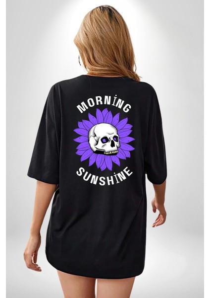 Polen Kafatası Mor Çiçek Sırt Baskılı Pamuklu Penye Kadın Erkek Siyah Tişört modelleri