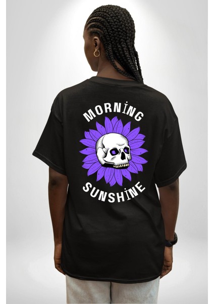 Polen Kafatası Mor Çiçek Sırt Baskılı Pamuklu Penye Kadın Erkek Siyah Tişört fırsatları