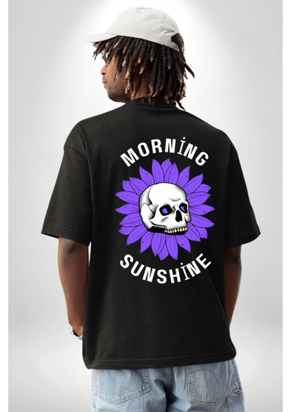 Polen Kafatası Mor Çiçek Sırt Baskılı Pamuklu Penye Kadın Erkek Siyah Tişört indirimleri