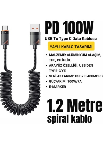 1.2 mt E-Marker Çip Sprial Kablo 100W Usb-A To Usb-C Şarj Kablosu PD100W Type C Şarj Kablosu