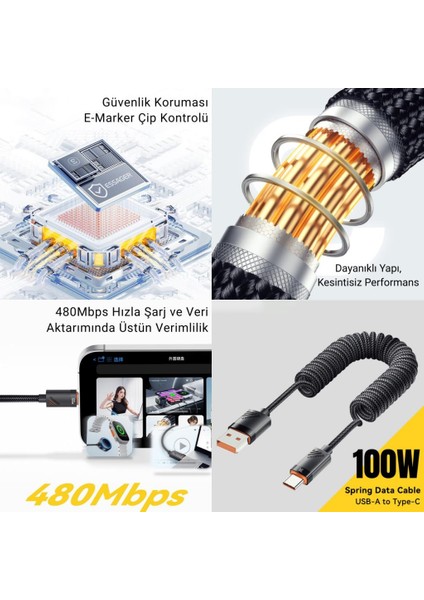 1.2 mt E-Marker Çip Sprial Kablo 100W Usb-A To Usb-C Şarj Kablosu PD100W Type C Şarj Kablosu fiyatları