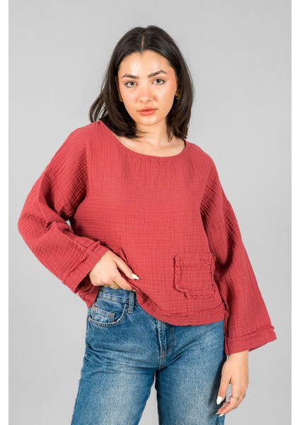 Müslin Kadın Cep Detaylı Uzun Kol Bluz