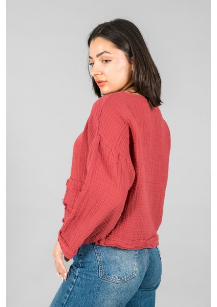 Müslin Kadın Cep Detaylı Uzun Kol Bluz modelleri