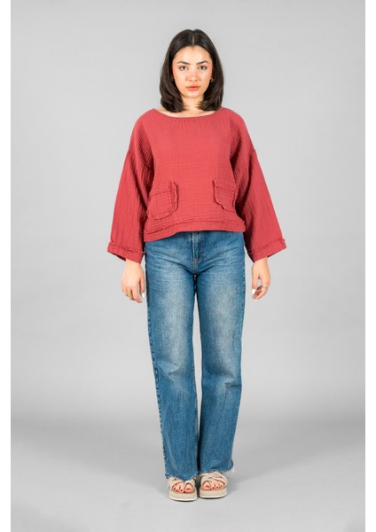 Müslin Kadın Cep Detaylı Uzun Kol Bluz fırsatları