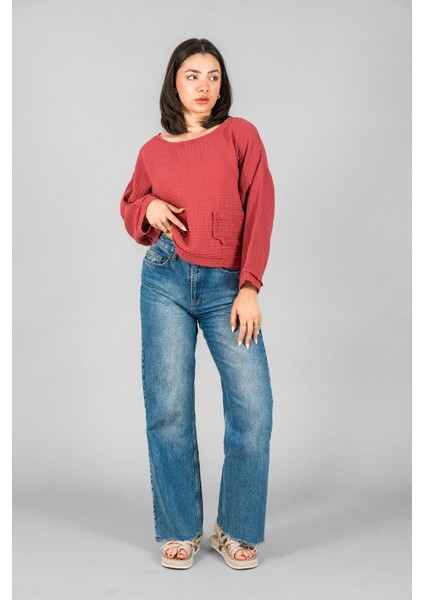 Müslin Kadın Cep Detaylı Uzun Kol Bluz indirimleri