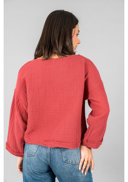 Müslin Kadın Cep Detaylı Uzun Kol Bluz