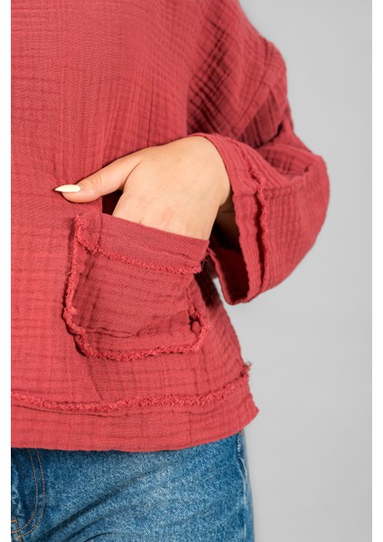 Müslin Kadın Cep Detaylı Uzun Kol Bluz