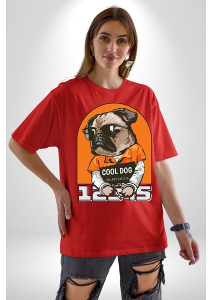 Cool Köpek Hapishane Güneş Gözlük Grafik Baskılı Pamuklu Penye Kadın Erkek Kırmızı Tişört