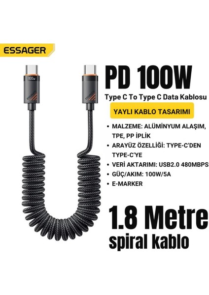 1.8 mt E-Marker Çip Sprial Kablo 100W Usb-C To Usb-C Şarj Kablosu PD100W Type C Şarj Kablosu