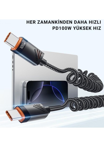 1.8 mt E-Marker Çip Sprial Kablo 100W Usb-C To Usb-C Şarj Kablosu PD100W Type C Şarj Kablosu fırsatları