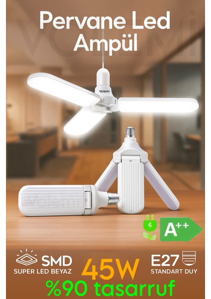 Volemı LED Ampul Beyaz 220V 45W 4500LM E27 3 Kanatlı