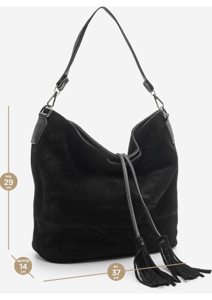 Kadın Hakiki Deri Püsküllü El ve Omuz Çantası Olven Siyah Süet
