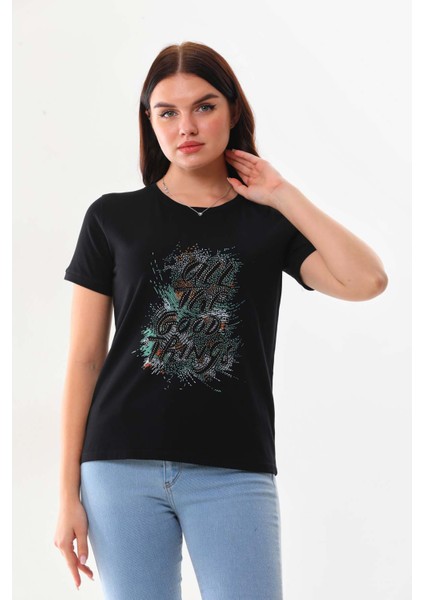Kadın Yazı Detaylı Kısa Kol Pamuklu Bluz 23042 Siyah
