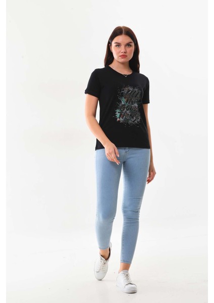 Kadın Yazı Detaylı Kısa Kol Pamuklu Bluz 23042 Siyah fiyatları