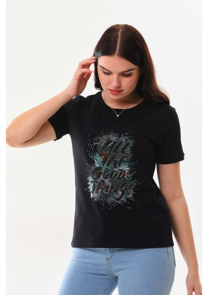 Kadın Yazı Detaylı Kısa Kol Pamuklu Bluz 23042 Siyah modelleri