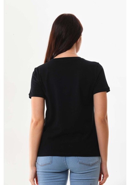 Kadın Yazı Detaylı Kısa Kol Pamuklu Bluz 23042 Siyah fırsatları