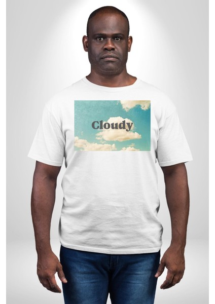 Pisikolojim Bulutlu Grafik Baskılı Pamuklu Penye Kadın Erkek Beyaz Tişört