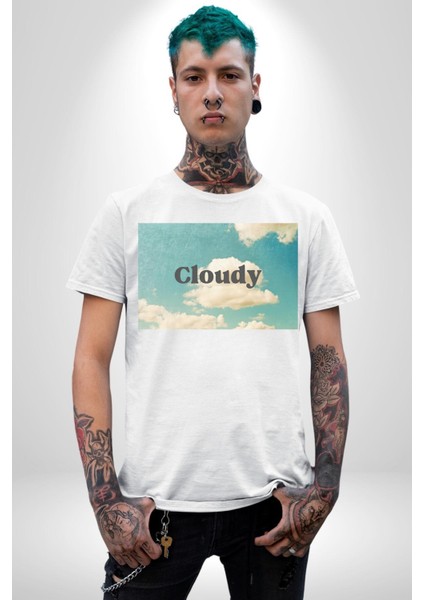 Pisikolojim Bulutlu Grafik Baskılı Pamuklu Penye Kadın Erkek Beyaz Tişört fiyatları