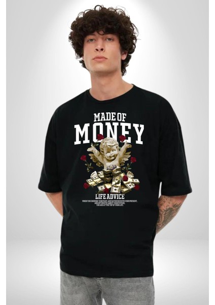 Aşk Meleği Para Kazandım Hayat Tavsiyesi Grafik Baskılı Pamuklu Penye Kadın Erkek Siyah Tişört