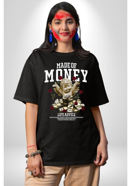 Aşk Meleği Para Kazandım Hayat Tavsiyesi Grafik Baskılı Pamuklu Penye Kadın Erkek Siyah Tişört modelleri