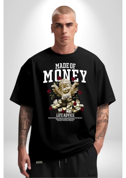 Aşk Meleği Para Kazandım Hayat Tavsiyesi Grafik Baskılı Pamuklu Penye Kadın Erkek Siyah Tişört fırsatları