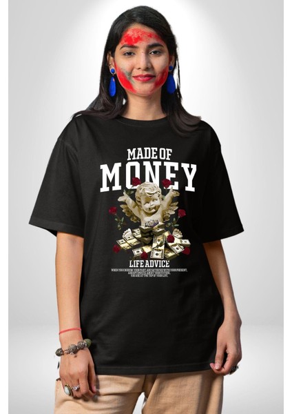 Aşk Meleği Para Kazandım Hayat Tavsiyesi Grafik Baskılı Pamuklu Penye Kadın Erkek Siyah Tişört indirimleri