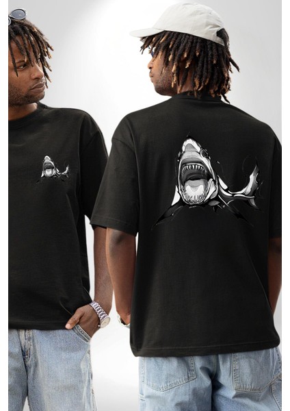 Dövme Shark Okyanus Köpekbalığı Cep Sırt Baskılı Pamuklu Penye Kadın Erkek Siyah Tişört