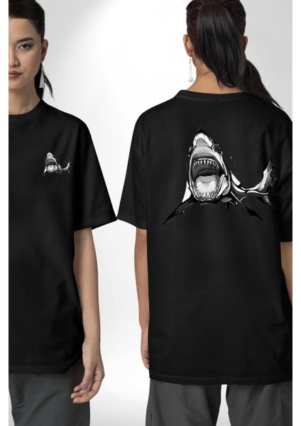 Dövme Shark Okyanus Köpekbalığı Cep Sırt Baskılı Pamuklu Penye Kadın Erkek Siyah Tişört fırsatları