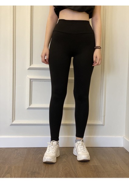 Kadın Siyah Çelik Örme Tayt