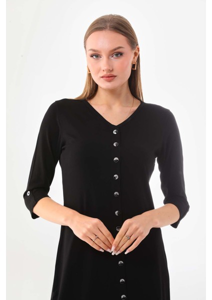 Kadın V Yaka Düğme Detaylı Elbise 22445 Siyah modelleri