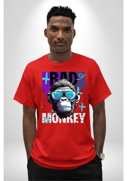 Kötü Maymun Güneş Gözlüklü Grafik Baskılı Pamuklu Penye Kadın Erkek Kırmızı Tişört