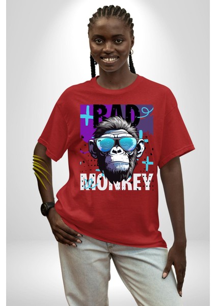 Kötü Maymun Güneş Gözlüklü Grafik Baskılı Pamuklu Penye Kadın Erkek Kırmızı Tişört fiyatları