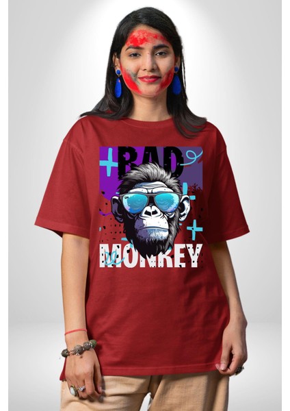 Kötü Maymun Güneş Gözlüklü Grafik Baskılı Pamuklu Penye Kadın Erkek Kırmızı Tişört modelleri