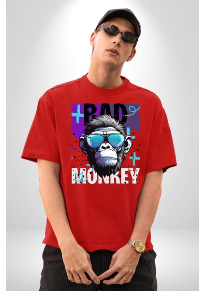 Kötü Maymun Güneş Gözlüklü Grafik Baskılı Pamuklu Penye Kadın Erkek Kırmızı Tişört fırsatları