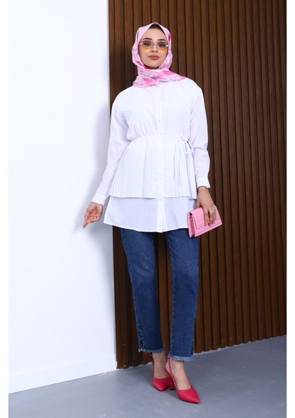 Beyaz Yan Bağlamalı Poplin Tunik modelleri